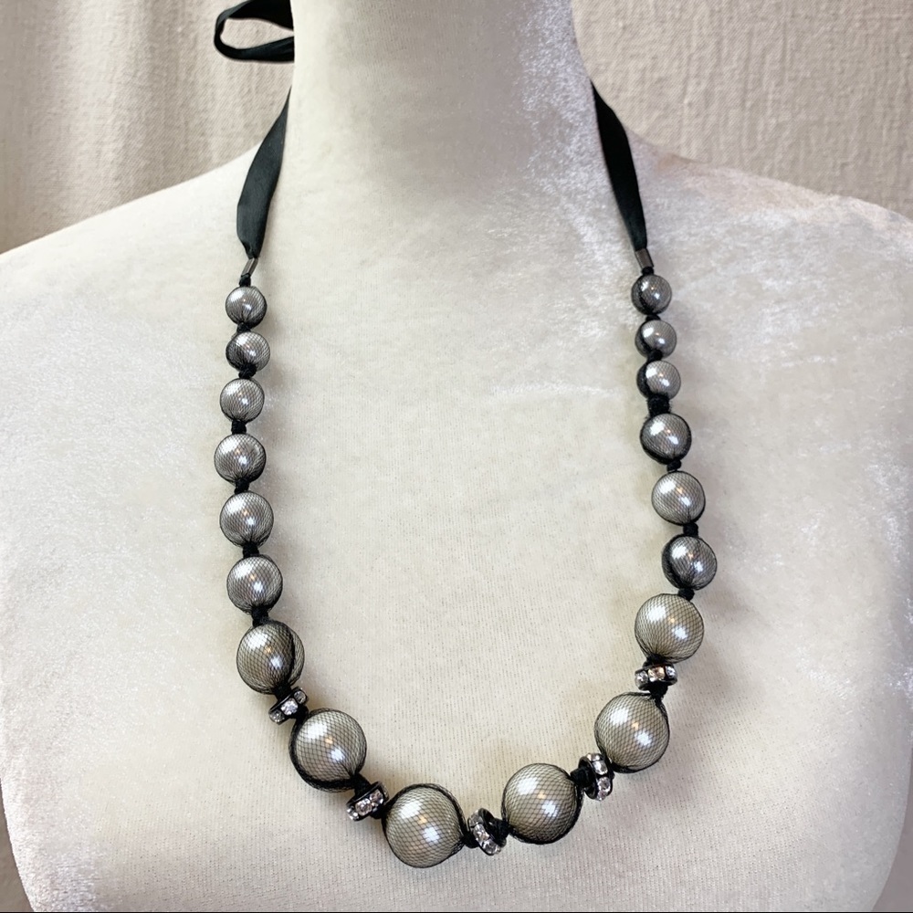 Black Satin Ribbon Mesh Faux Pearl Necklace